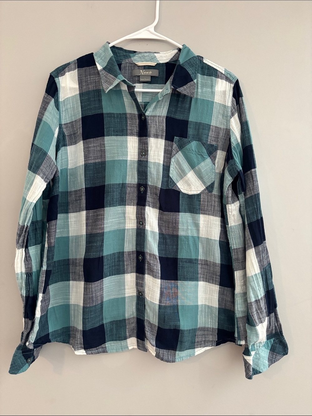 Natural Reflections Teal Navy White Plaid Button-Down Shirt
